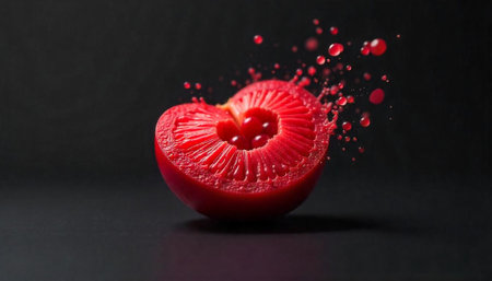 Sliced red fruit with droplets on a dark backdrop