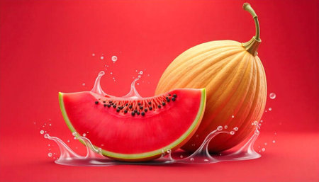Fresh melon slice splashing water on red backgroundの写真素材
