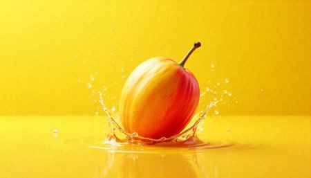 Fresh plum splashing into juice on yellow vibrant background