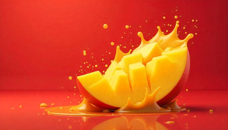 Ripe mango with juice splash on a vibrant backdropの写真素材