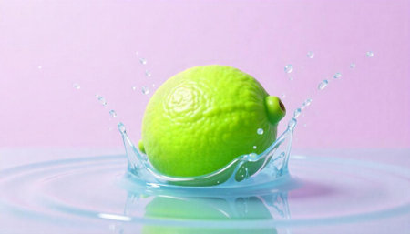 Lime splashing in water creating crown with violet backdropの写真素材