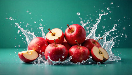 Fresh red apples with splash against vibrant green background