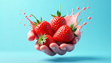 Hand Holding Strawberries with Splash on Blue Background Stockの写真素材