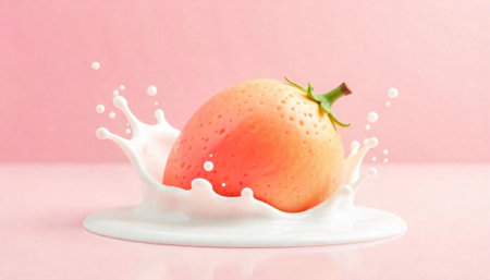 Pink strawberry splashing in white milk on pink backdropの写真素材