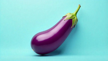 Single vibrant eggplant against a bright turquoise backgroundの写真素材
