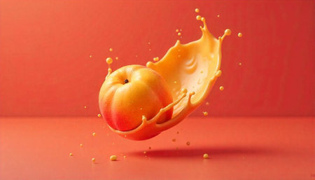 Fresh peach with juice splash against vibrant coral backgroundの写真素材