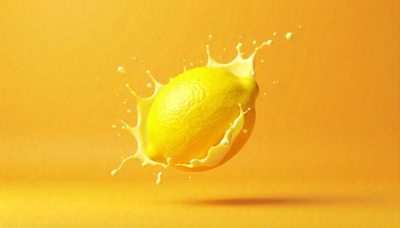 Vibrant lemon with juice splash on yellow gradient backgroundの写真素材