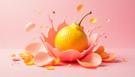 Vibrant yellow lemon in pink creamy splash sceneの写真素材