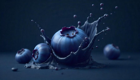 Blueberries splashing with dark liquid, a still life sceneの写真素材