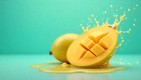 Fresh mango splash on turquoise background still life fruitの写真素材