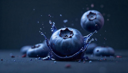 Vibrant blueberries with water splash against dark background imageの写真素材