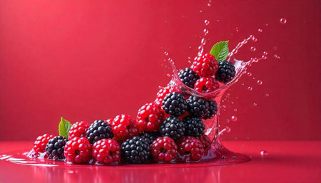 Vibrant raspberry and blackberry splash on red reflective surface