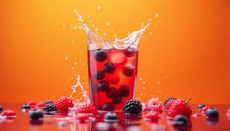 Refreshing berry splash in a glass of vibrant liquidの写真素材