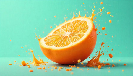 Vibrant half orange with juice splash against teal backgroundの写真素材