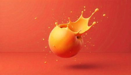 Peach splash in vibrant orange scene, fruit explosionの写真素材
