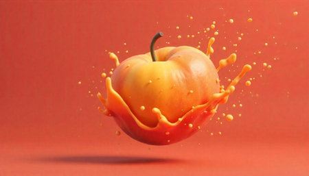 Vibrant apple with juice splash against solid orange backgroundの写真素材