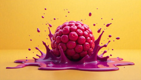 Abstract red fruit explosion with bright yellow studio backgroundの写真素材