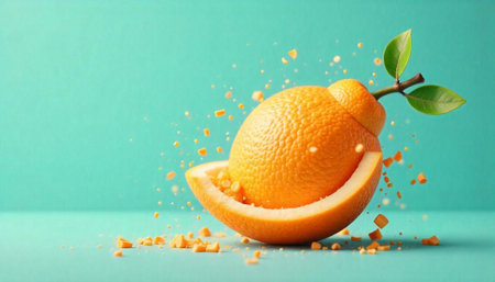 Fresh orange on turquoise background with floating piecesの写真素材
