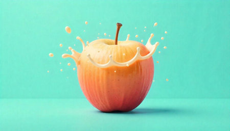 Vibrant apple surrounded by splashing liquid against a clean backdrop