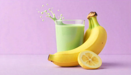 Refreshing banana smoothie with lemon on a purple backgroundの写真素材