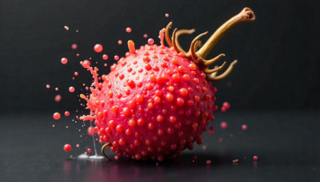 Abstract fruit bursts with vibrant droplets in a studio settingの写真素材