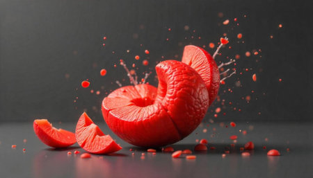 Red fruit segments suspended in air with paint splash