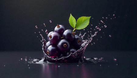 Blackcurrant splash with leaves on a dark backgroundの写真素材