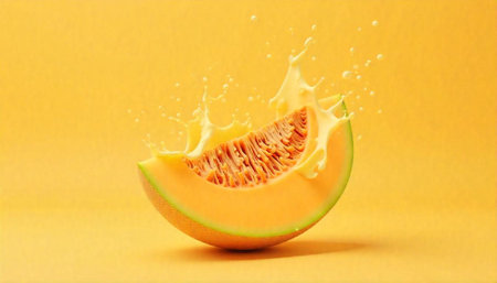 Honeydew melon slice with liquid splash on yellow backgroundの写真素材