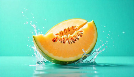 Sliced cantaloupe melon splash in refreshing turquoise water backgroundの写真素材