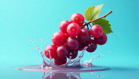 Bunch of red grapes falling into water splashing aroundの写真素材