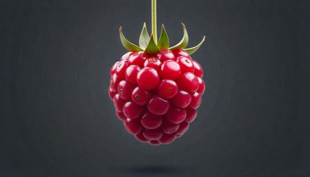 Vibrant red raspberry on a dark grey seamless backgroundの写真素材