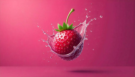 Strawberry with water splash against pink background studio shotの写真素材
