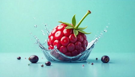 Bright red berry with water splash on blue background