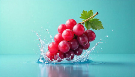 Fresh red grapes with water splash on blue backgroundの写真素材