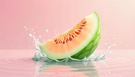 Cantaloupe slice creating splash, pink background, studio shotの写真素材