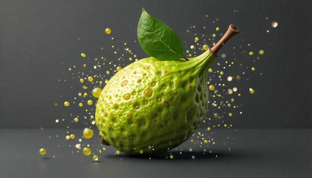 Fresh green feijoa with stem and leaf on dark backdropの写真素材