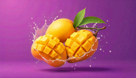 Fresh mango composition with juice splash on purple background