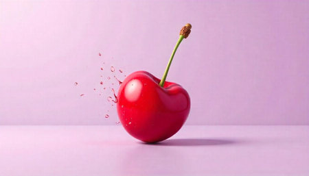 Single red cherry with splashes on a lilac backgroundの写真素材