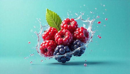 Fresh raspberries and blackberries splashing in water, vibrant colorsの写真素材