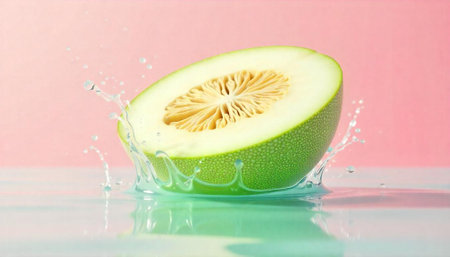 Honeydew melon half splash on water surface still life