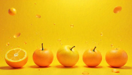 Oranges on yellow background with water droplets, creative fruitの写真素材