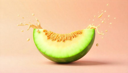 Slice of honeydew melon with splashing cream against peachの写真素材