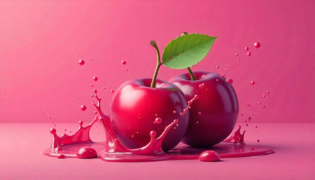 Vibrant cherries and splashes against monochromatic pink backgroundの写真素材