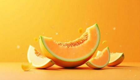 Vibrant cantaloupe slices against a sunny orange backgroundの写真素材