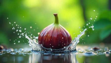 Fig fruit falling into water, making a splashの写真素材
