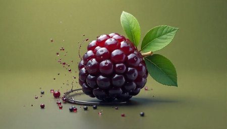 Vibrant blackberry with green leaves and juice droplets