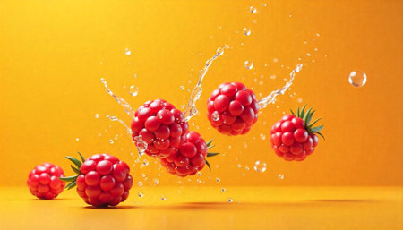 Fresh raspberries with water droplets against a bright backgroundの写真素材