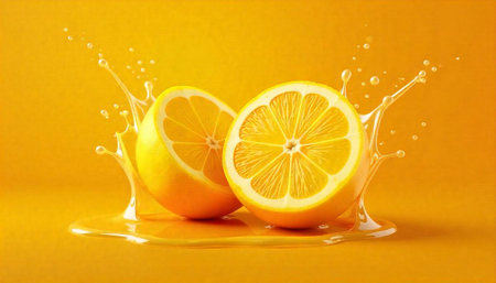 Sliced lemon halves surrounded by juice splash on yellow backgroundの写真素材