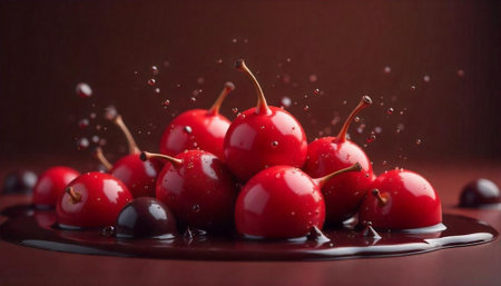 Cherries in chocolate sauce with water droplets stock image