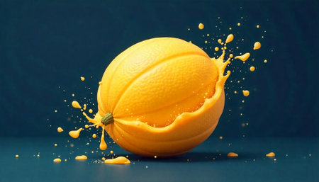 Juicy orange splash on solid blue backgroundの写真素材